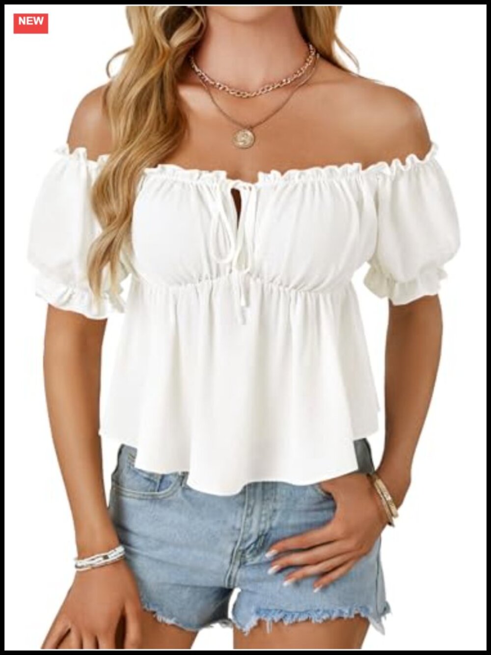 Off Shoulder Puff Sleeve Peplum Blouse - 97% Polyester 3% Spandex
